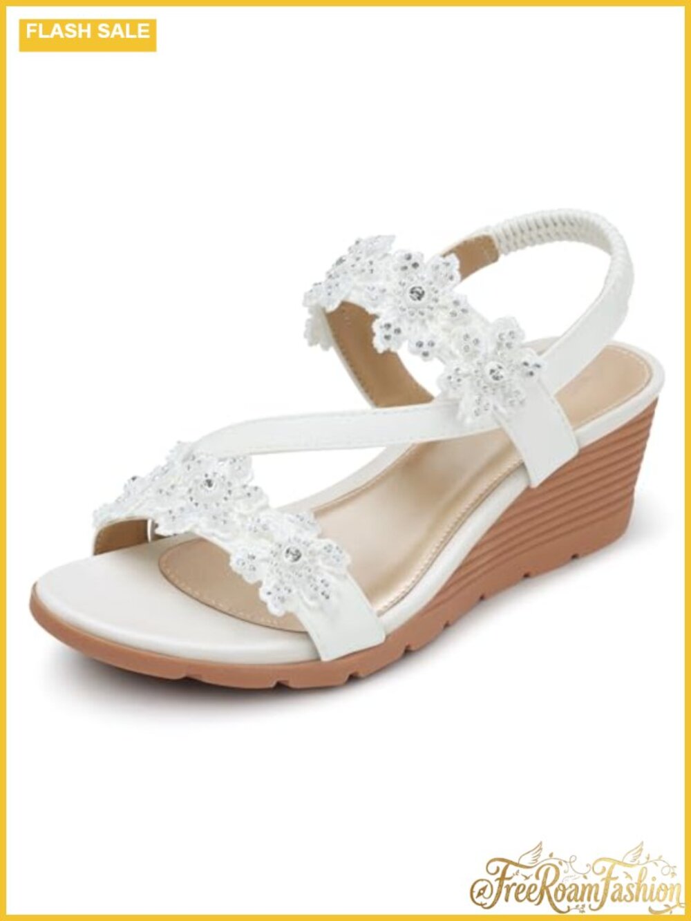 Womens Wedge Sandals Rhinestone Floral Open Toe Ankle Strap Summer Dressy
